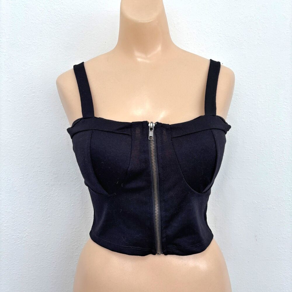 Juniors Whimsigoth Grunge Black Zipper Front Crop Top Medium Corset Steampunk